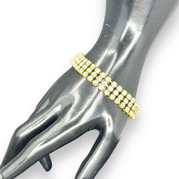 Rhinestones Bracelet Three Layer Marked Slovakia Spring Ring Clasp - Picture 2 of 9